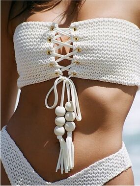 Montce fringe tassel Strapless Crochet Lace-Up Bikini set waffle cream bride S M